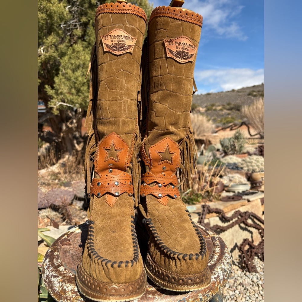 El Vaquero Silverstone Suede Fringed Tall Wedge Belted Moccasin Boots - Picture 11 of 16